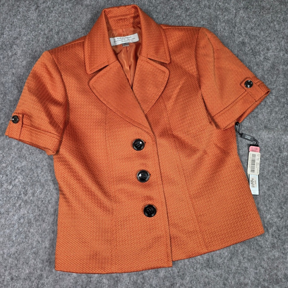 Tahari Short Blazer Orange Short Sleeve Textured Suit Jacket Top 4P Textured NEW